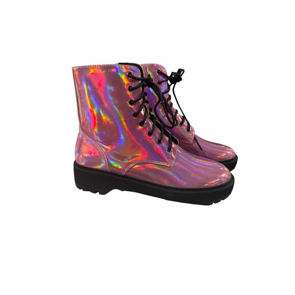 Holographic Pink Combat Boots With Black Soles & Laces Side Zipper Closure - Picture 5 of 6